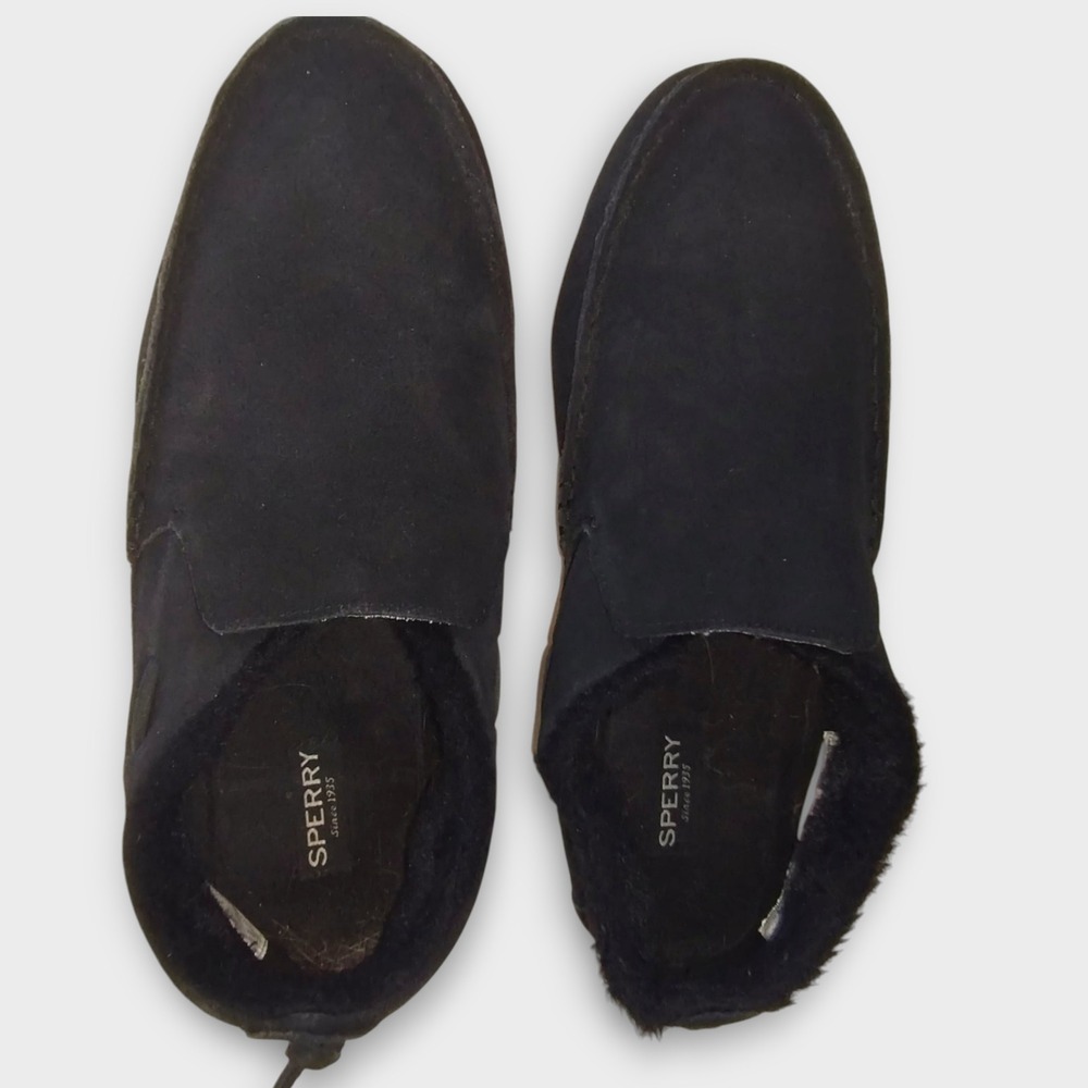 Sperry‎ Mens 11.5 Black Suede Leather Faux Fur Lined Slip On Loafers Slippers